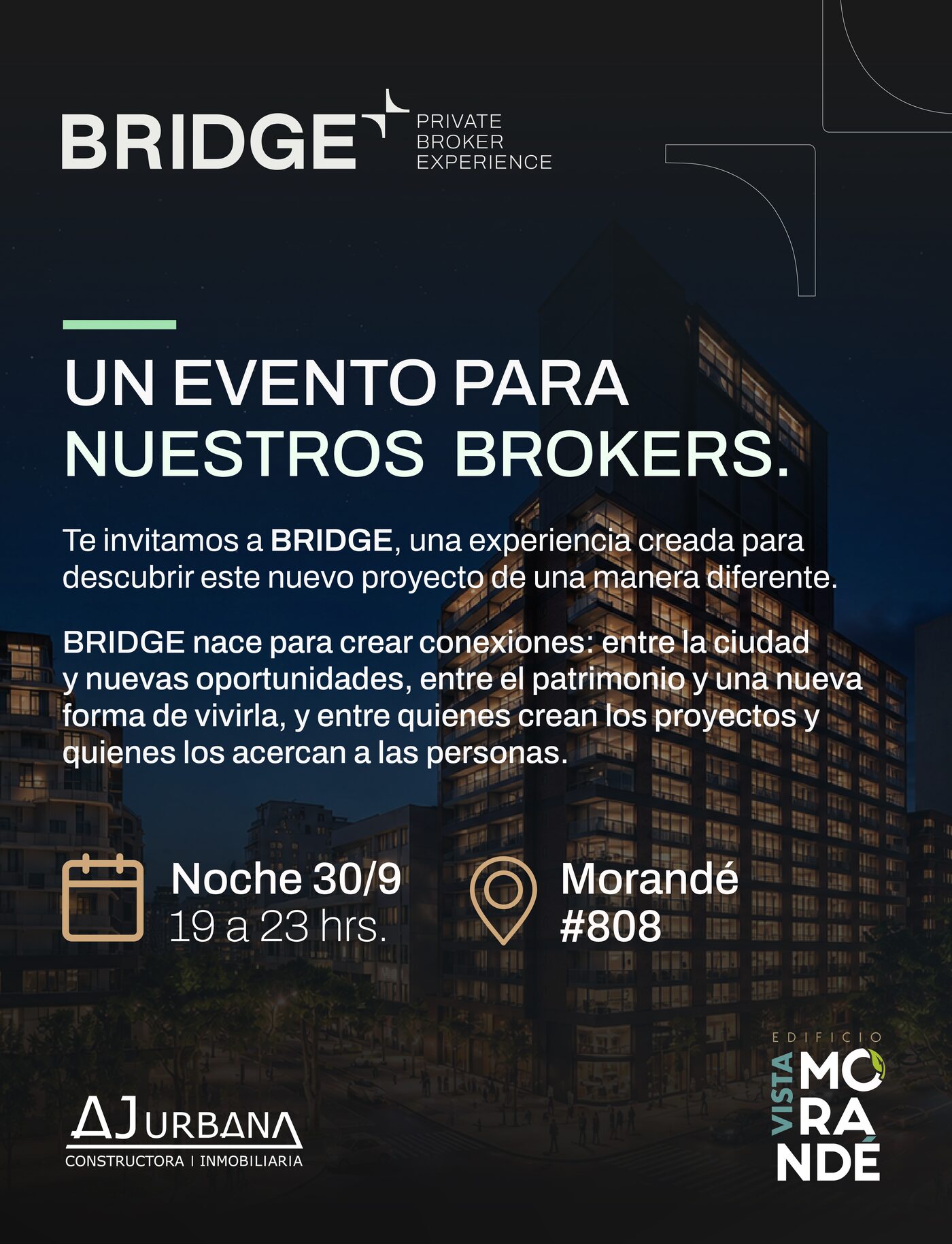 Invitación BRIDGE — Noche del 30 de septiembre, 19 a 23 hrs, Morandé #808